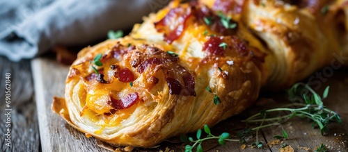 Tasty party treat: bacon and cheese puff pastry roll-up.