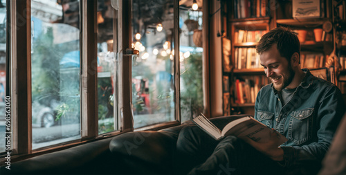 A man sitting and reading a book is also happy on the sofa background image