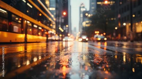 Raindrops on a cityscape: Rainfall at dusk captures the glowing lights of a city, blurred into orbs of yellow and orange against a twilight sky, mirrored on the wet ground © mashimara