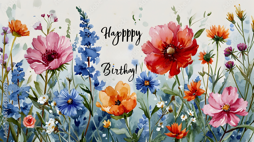 A watercolor painting of various flowers with a birthday greeting in the center. Dominant colors include blue, red, and green.
