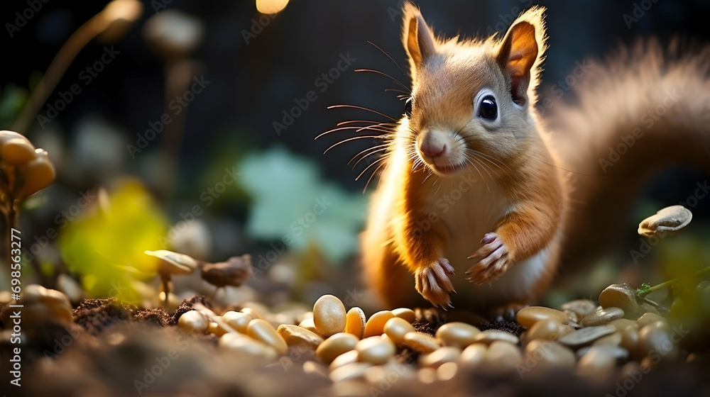 Fototapeta premium Curious squirrel among nuts, warm lighting, autumn atmosphere