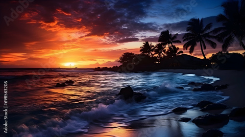 Sunset view of a tropical beach with palm trees and rocks