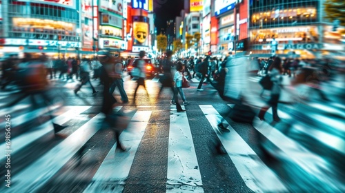 intentional motion blur of crowds of people crossing a city street photo