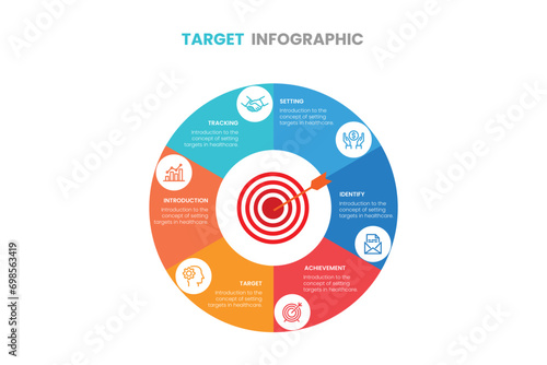 Shooting target divided into 6 parts and arrow in center. Concept of six steps to achievement of business goal. Simple infographic design template. Modern flat vector illustration for presentation.