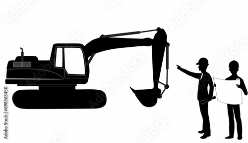 vector silhouette of a construction foreman with heavy equipment, on a white background