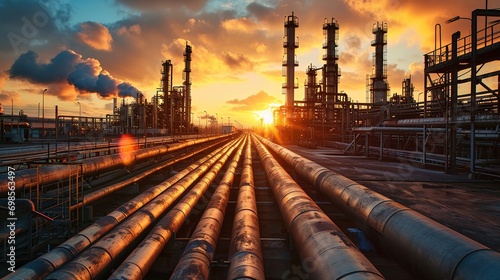 Large industrial gas pipelines in a modern refinery at sunrise