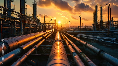 Large industrial gas pipelines in a modern refinery at sunrise