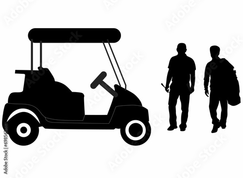 Editable vector silhouette of golf player with golf cart, on white background
