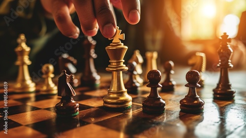 Leadership strategy or strategic planning and human resources organization risk management, Hand choose king chess fight game concept of challenge photo