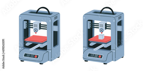 3d printer concept. Machine makes polymer volume object. Plastic abstract symbols made by 3d printer vector ullustration