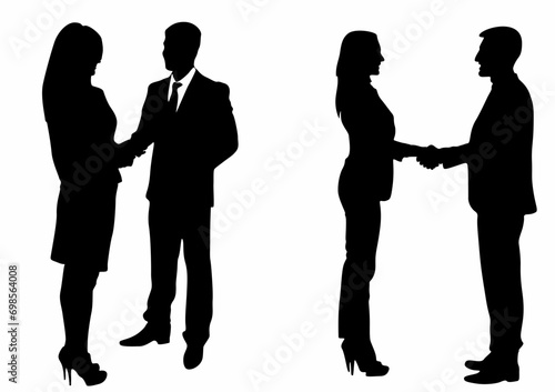 set of silhouettes of business people shaking hands on a white background