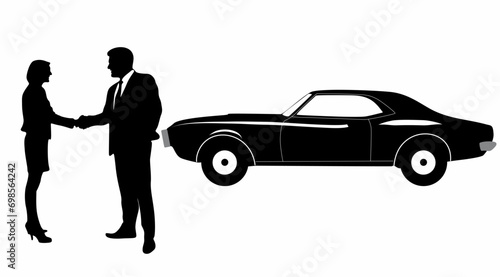 Businessman standing and car silhouette vector, on white background