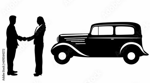 Businessman standing and car silhouette vector, on white background