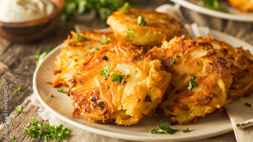 Shallow depth of field (selective focus) image with   the tasty hash browns dish. Generative AI.