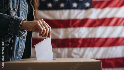 Shallow depth of field (selective focus) image with the hand of a person voting in the US presidential elections. AI generated photo