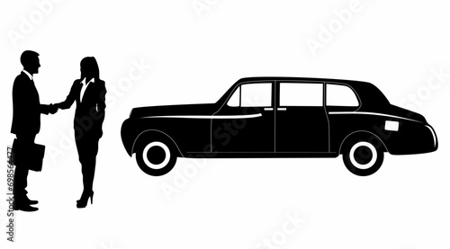 Businessman standing and car silhouette vector, on white background