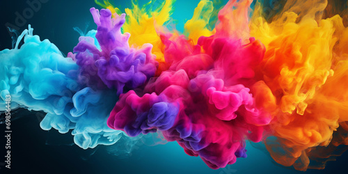 Liquid colorful dynamic explosion of ink paints texture and smoke splashes on a black background abstract rainbow art pattern Holi holiday,, Bright colorful paint powder exploding on dark background