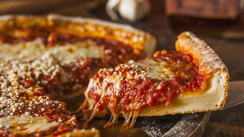 Shallow depth of field (selective focus) image with a tasty deep dish pizza. Generative AI. Shallow depth of field (selective focus) image with a tasty deep dish pizza. Generative AI.