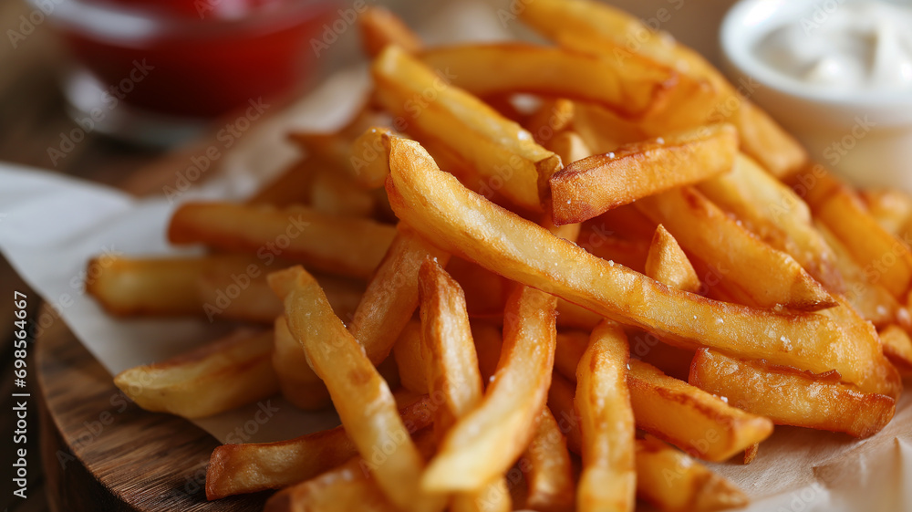 Shallow depth of field (selective focus) image with tasty french fries. Generative AI. Shallow depth of field (selective focus) image with tasty french fries. Generative AI.