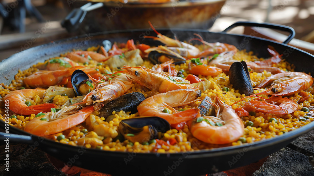 Shallow depth of field (selective focus) image with tasty Spanish paella dish. Generative AI. Shallow depth of field (selective focus) image with tasty Spanish paella dish. Generative AI.