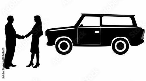 Businessman standing and car silhouette vector, on white background