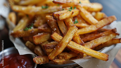 Shallow depth of field (selective focus) image with  tasty french fries. Generative AI.