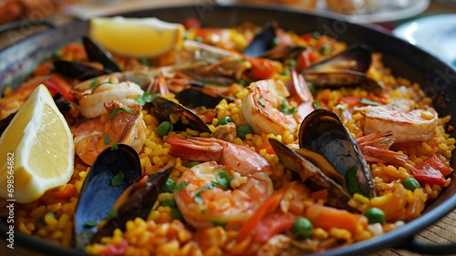 Shallow depth of field (selective focus) image with tasty Spanish paella dish. Generative AI.
