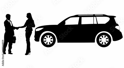 Businessman standing and car silhouette vector, on white background