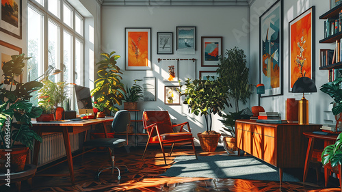 Artistic home offices filled with sunlight, lush indoor plants, creative workspaces flooded with natural light, stylish interior design surrounded by modern art and greenery, and Generative AI photo
