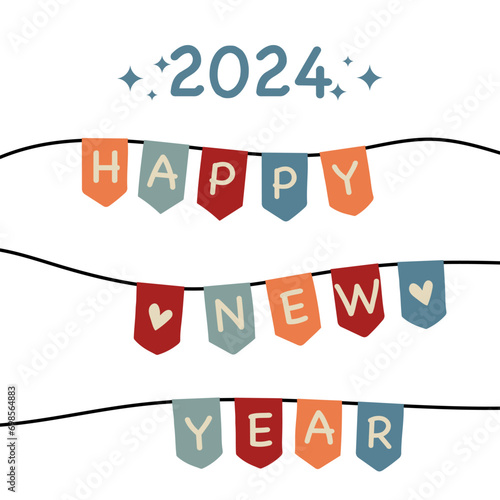 2024 Happy New Year - Schriftzug in englischer Sprache - Frohes neues Jahr. Quadratische Neujahrskarte mit bunter Wimpelkette.