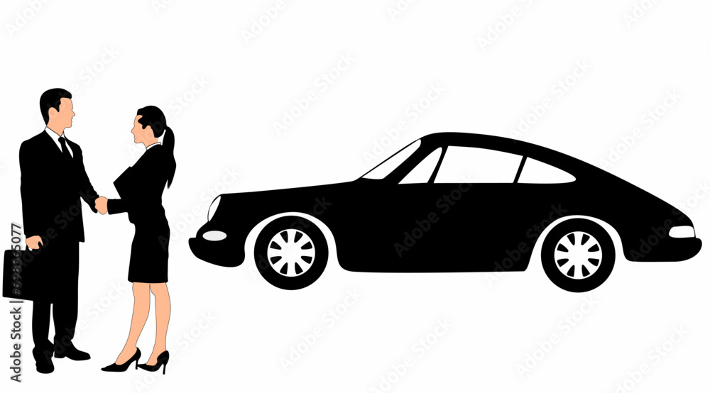 Businessman standing and car silhouette vector, on white background Businessman standing and car silhouette vector, on white background