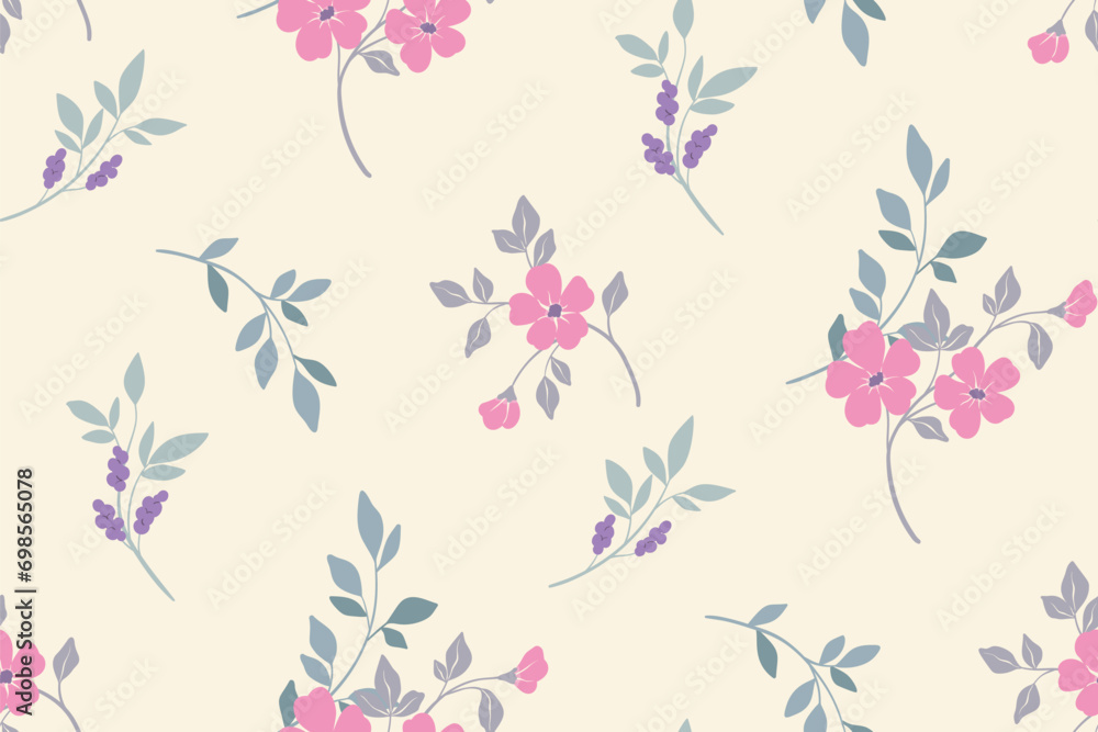 Seamless floral pattern, abstract romantic ditsy print of hand drawn simple branches. Delicate botanical design: small pink flowers, branches, leaves on a light pastel background. Vector illustration.