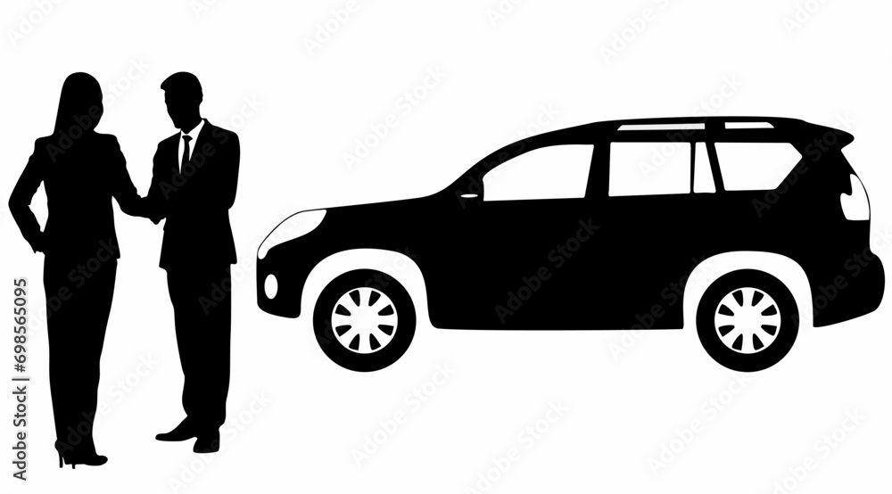 Businessman standing and car silhouette vector, on white background Businessman standing and car silhouette vector, on white background