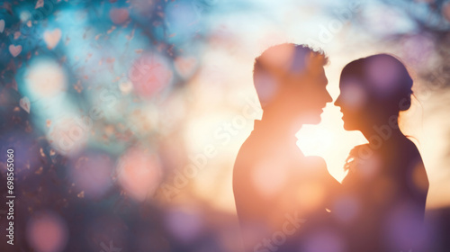 Silhouette of a couple in love with heart bokeh background