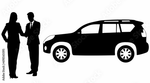Businessman standing and car silhouette vector, on white background