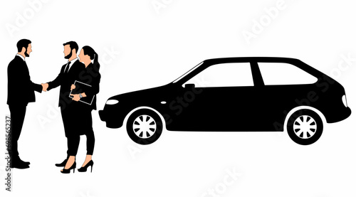 Businessman standing and car silhouette vector, on white background