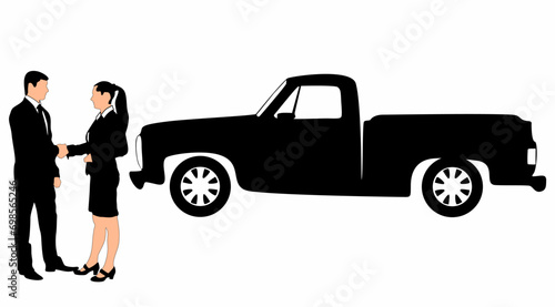 Businessman standing and car silhouette vector, on white background