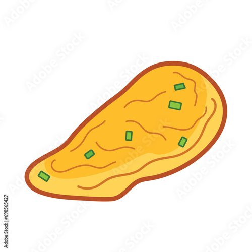 Omelette telur dadar with leek slices or daun bawang colored vector icon illustration outlined isolated on plain white background. Simple flat cartoon art styled protein food drawing. photo