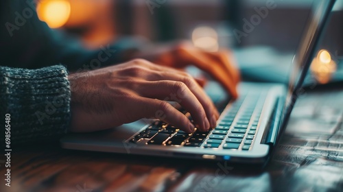 Man hands typing on computer keyboard close up panoramic banner, businessman or student using laptop at home, online learning