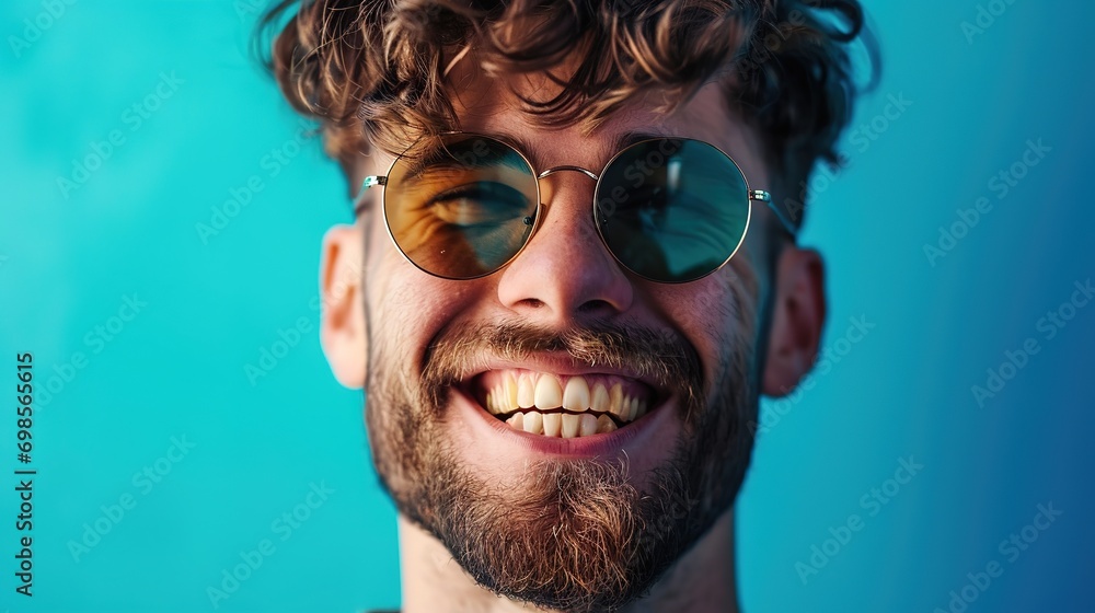 man, sunglasses and comic face portrait on blue background with cool and trendy style or fashion. Happy young model person with glasses in studio for advertising designer brand man, sunglasses and comic face portrait on blue background with cool and trendy style or fashion. Happy young model person with glasses in studio for advertising designer brand