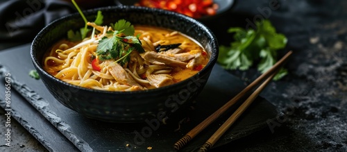 Thai chicken noodle soup, served in a black bowl on a dark slate background. photo