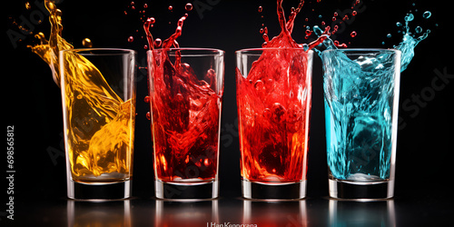 Four glassesof diferent colours drinks,Chromatic Sips: Four Glasses Brimming with Colorful Elixirs,Diverse Libations: Quartet of Glasses with Different Colors photo