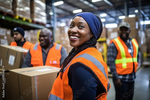 Portrait of smiling african american female warehouse worker standing in warehouse with colleagues in background © Rudsaphon