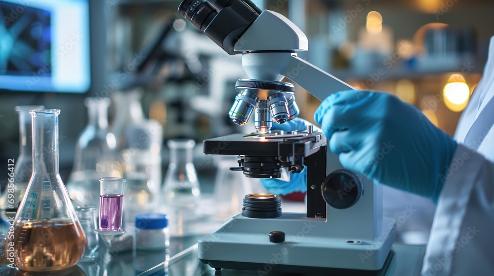 Medical laboratory, scientist hands using microscope for examining samples and liquid, Scientific and healthcare research banner background Medical laboratory, scientist hands using microscope for examining samples and liquid, Scientific and healthcare research banner background