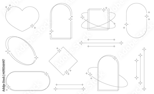 Set of geometric aesthetic abstract line frames and shapes with stars boho, brutalism, Y2K style. Geometric elements with sparkles for template design social media, poster, banner, logo, stickers