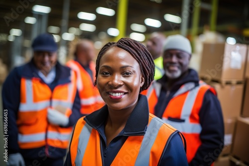 Portrait of smiling african american female warehouse worker standing in warehouse with colleagues in background