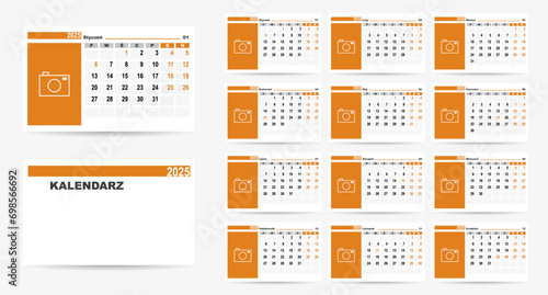 2025 calendar on polish language with polish holidays. Poland calendar. Week starts from Monday. Vector graphic. Calendar with place for photo.	