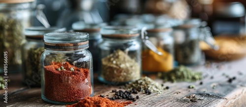 Spice container on a wooden countertop.