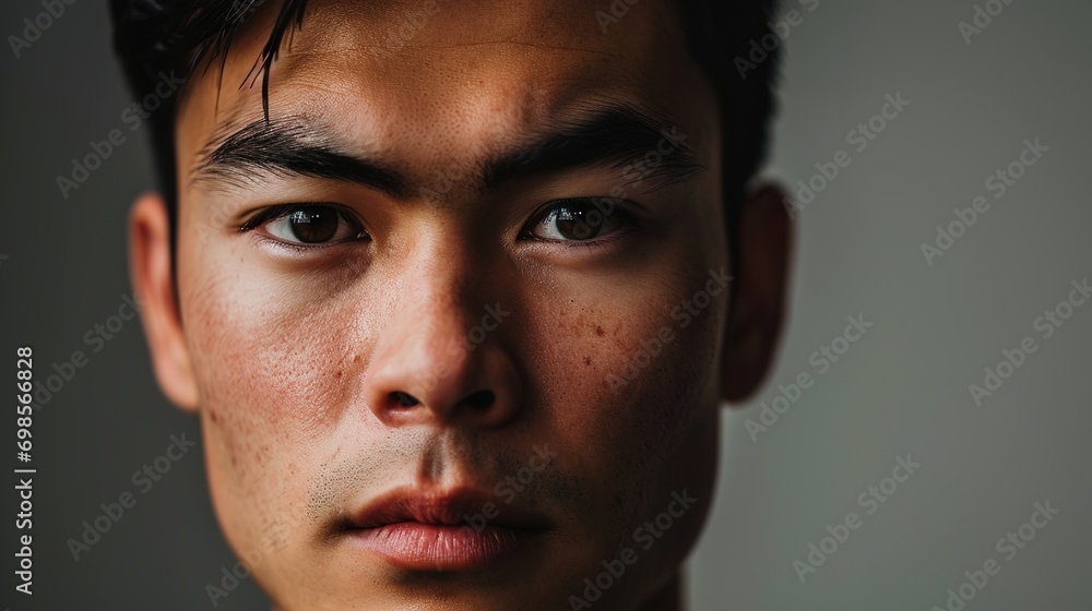 Mockup, portrait and half eyes of a man isolated on a grey background in studio. Serious Mockup, portrait and half eyes of a man isolated on a grey background in studio. Serious
