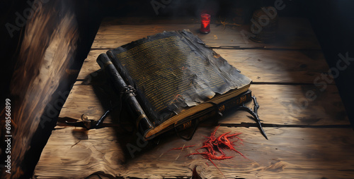 old book on a wooden table, black book with yellow pag
